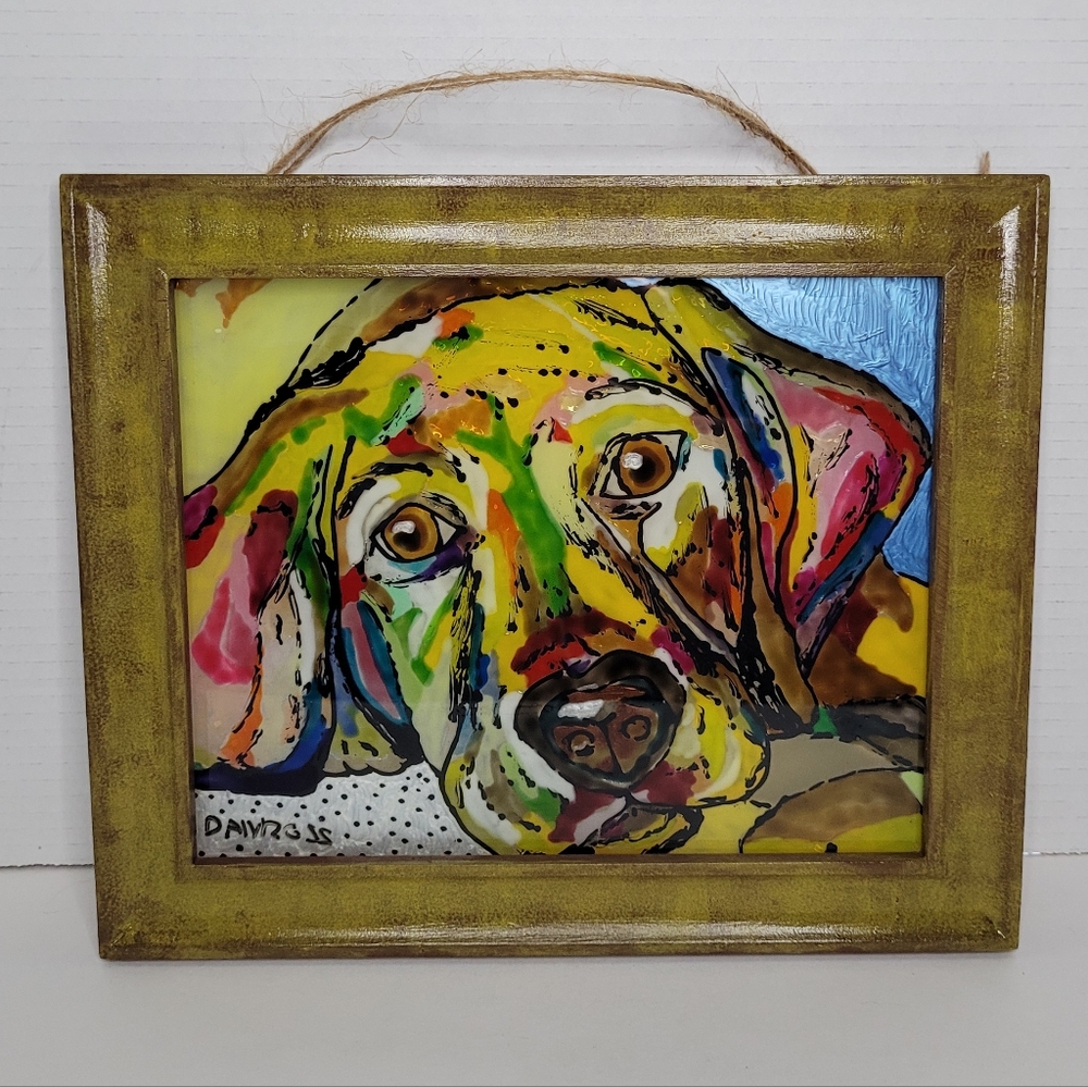 Colorful Handmade Dog Painting On Glass Stained Glass Look OOAK Signed